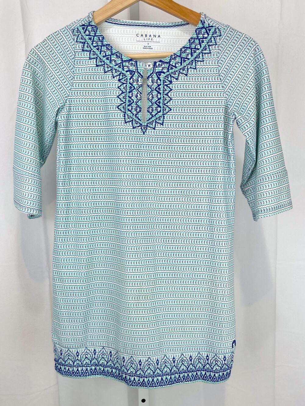 CABANA LIFE Girls Embroidered Swim Cover Up Dress Geometric Blue Green Size 10